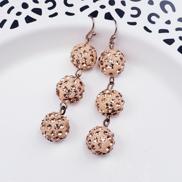 Triple Peach Pave Rhinestone Ball Dangly Earrings 2" - Picture 2 of 3